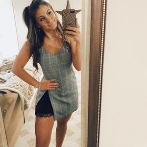 Plaid Mini Dress with Lace Detail and Satin Slit